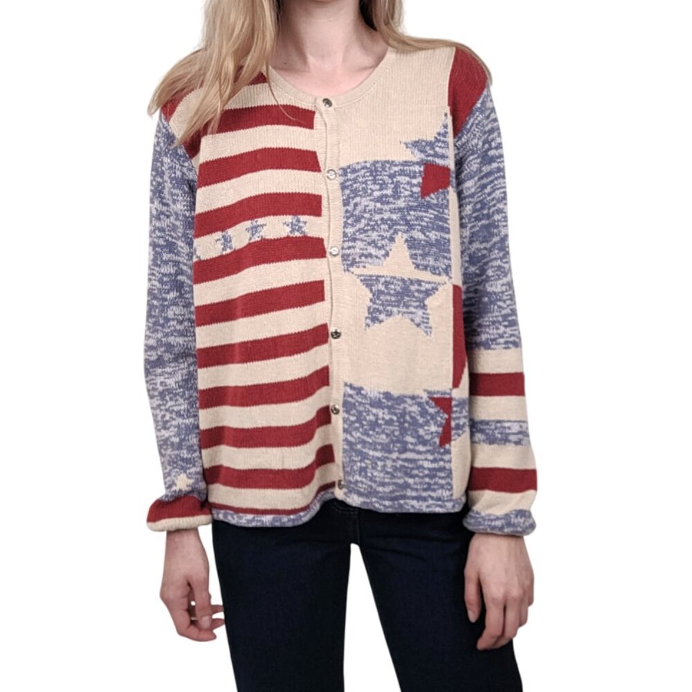 Vintage Stars & Stripes Patriotic Knit Oversize Cardigan 4th of July Sweater